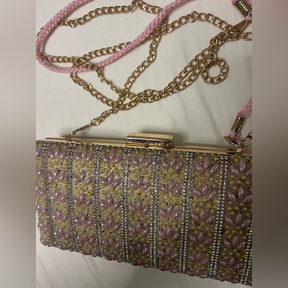 Nina designer beaded clutch, gold tone clasp, adjustable strap, pink satin liner